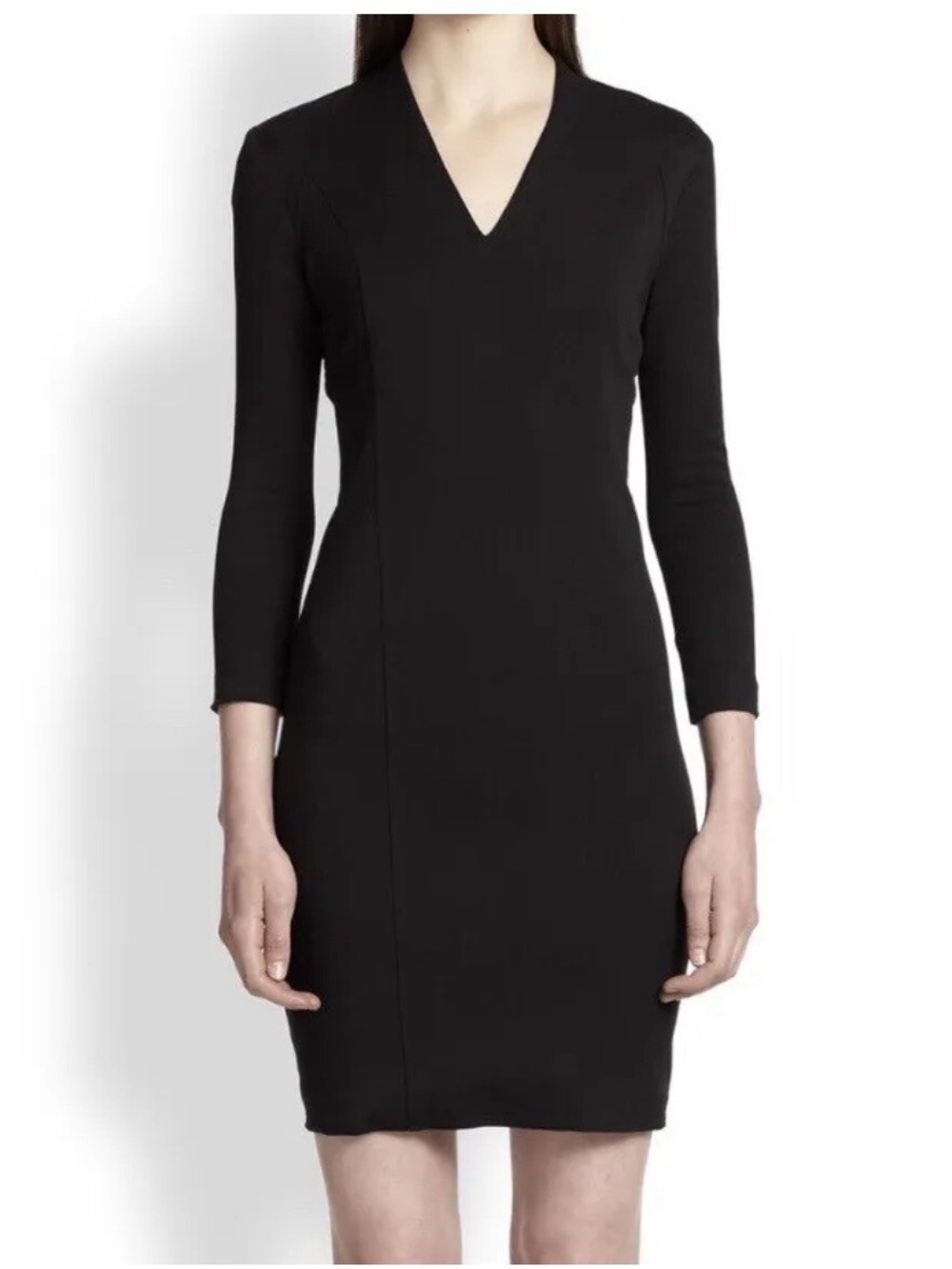 Helmut Lang Black V-Neck 3/4 Sleeve Sheath Dress Size M Exposed Back Zip